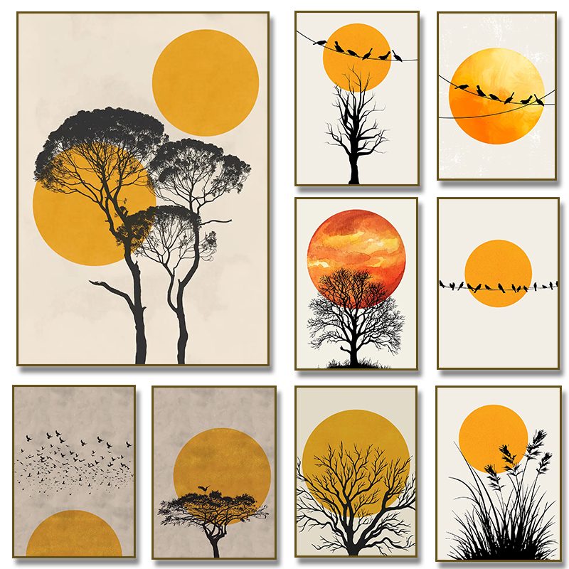 Home Decor Yellow - Thousands of Birds with Sun Poster