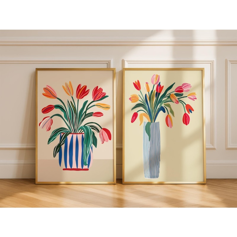 Home Decor Vase With Flowers - 2pcs Tulip Flowers Canvas Wall Art,