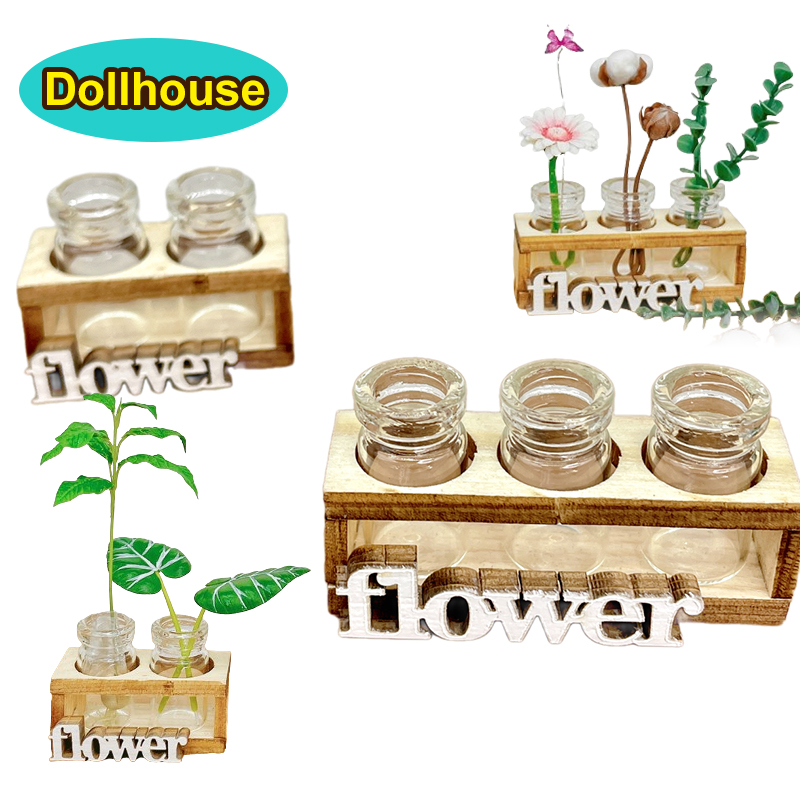 Home Decor Vase With Flowers - 1Set 1:12 Dollhouse Miniature Hydroponic Wooden