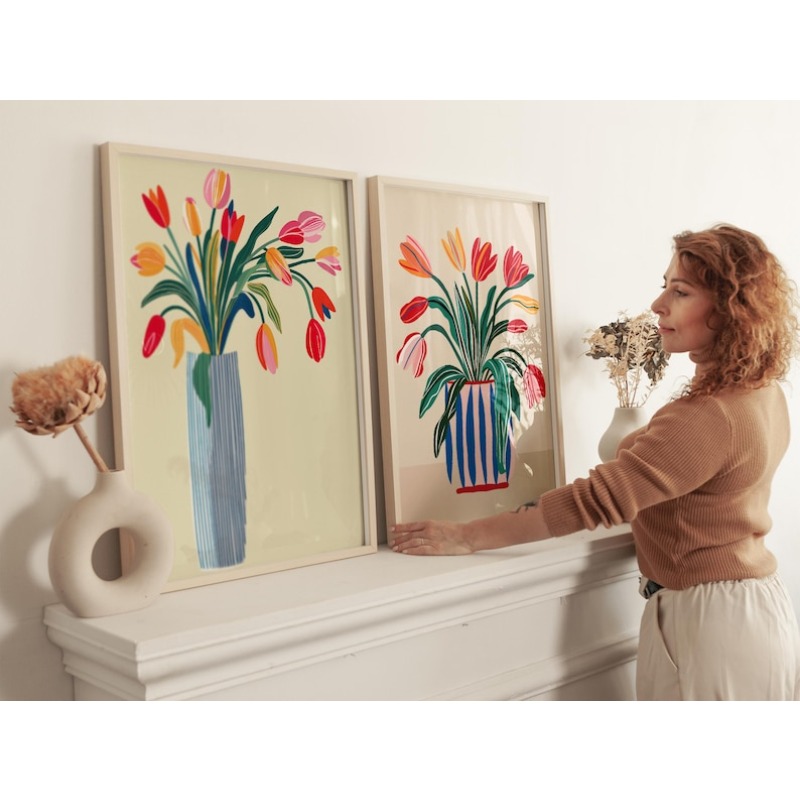 2pcs Tulip Flowers Canvas Wall - Home Decor Vase With Flowers 评论和价格
